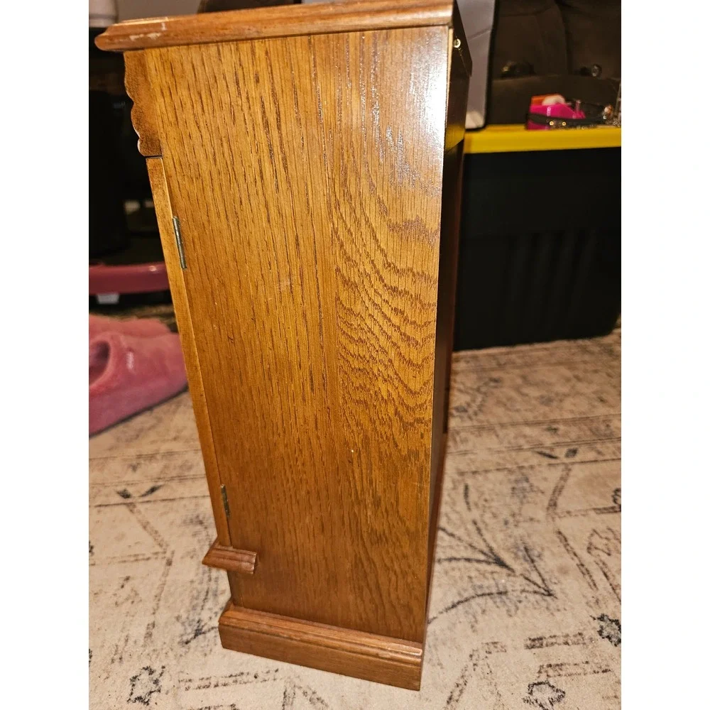 Vintage Wood Jewelry Armoire Etched Glass Floral Doors Red Velvet Lining Mirror
